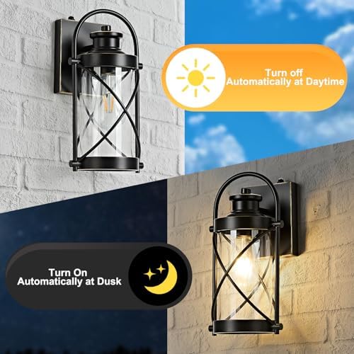 Dusk to Dawn Outdoor Wall Lights Fixtures, Waterproof Exterior Lighting with Photocell Sensor, Vintage Black with Gold Trim Metal Cage Lantern, Outside Lights for House Porch Patio Garage, 2 Pack - Image 2