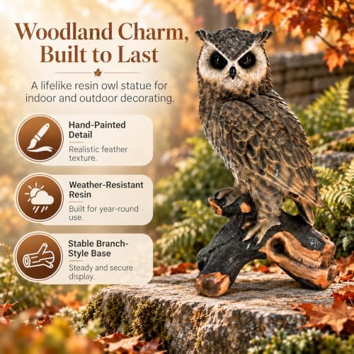 18.98" Realistic Owl Garden Statue, Resin Bird Deterrent, Brown Yard Decor - Image 4