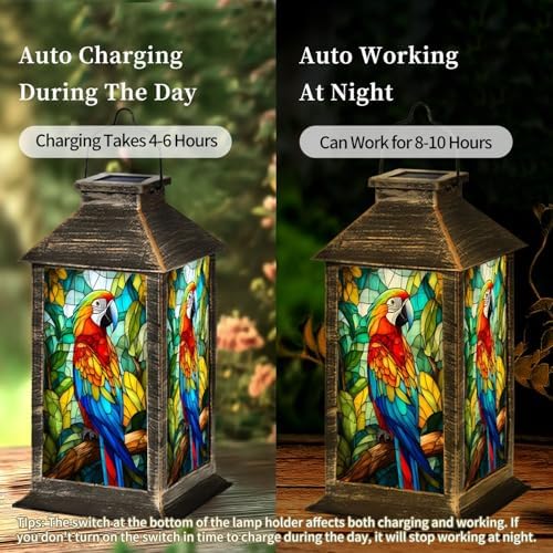 Solar Lantern Colorful Macaw Parrot Stained Glass Style Tropical Leaves Wildlife Art Outdoor Waterproof Hanging Solar Light Outside Lights for Patio Yard House Lawn Decor Birthday Gifts for Women Mom - Image 4