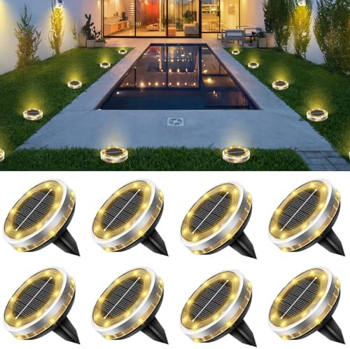 Jouierty Solar Ground Lights Outdoor, 8 Pack Solar Powered Disc Lights, Waterproof Landscape Lighting for Pathway Garden Yard Lawn Walkway by Jouierty