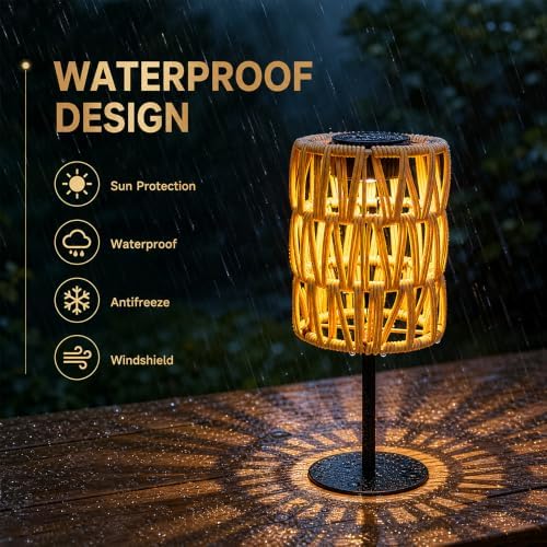 2PCS Solar Table Lamps Outdoor, Rattan Solar Lanterns Outdoor, Waterproof Wicker Lanterns Outd-oor, Rechargeable Table Top So-lar Lights LED Boho Lant-erns Out-Door for Balcony Patio Yard Lawn - Image 5