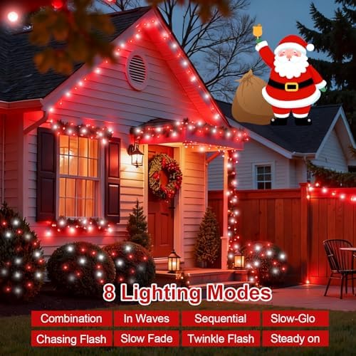 QITONG 2 Pack Red and White Solar String Lights, Each 66ft 200 LED Solar Christmas Lights Outdoor Waterproof, 8 Modes Solar Twinkle Light for Outside - Image 2