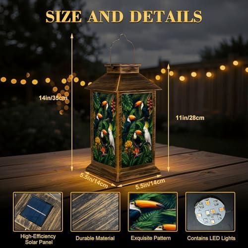 Solar Lantern Outdoor Waterproof Exotic Trees Wild Bird Parrots Toucans Birds Tropical Painting Garden Decor LED Hanging Solar Lights Tabletop Lamp Gifts for Women Mom Outside Yard Patio Porch - Image 2