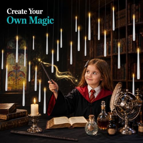 Enido 24 Pack Hanging Flameless Taper Candles with 2 Magic Wand Remotes, Battery Operated LED Floating Candles for Ceiling, Halloween Christmas Indoor Decor - Image 2
