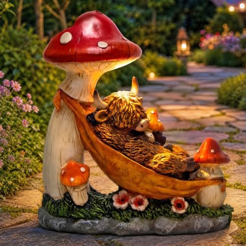 Highland Cow Solar Powered Outdoor Garden Statue Lying on Mushroom Hammock - Image 2