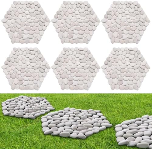 10in River Rock Stepping Stones Set - 6 Pack | Polished Pebble | Long-Lasting PVC Mesh Backing | Perfect for Garden Paths and Lawns Outdoor Landscaping Decoration | White Rhombus by Ausluru