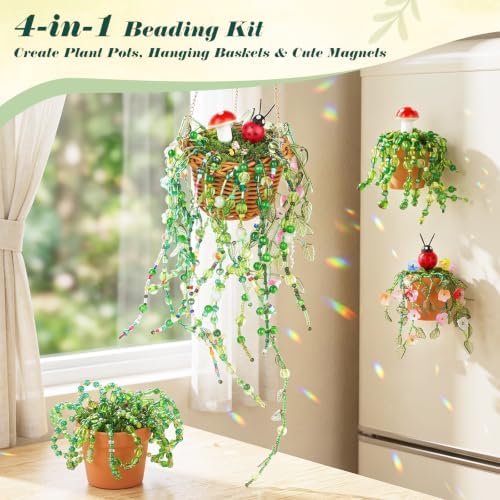 Ohanniewa 11300PCS 4 Pack Beaded Plant Kit with Fridge Magnets, DIY Hanging Plant Crafts with Video Tutorials, Handmade Gifts for Plant Lovers, Cute Desk & Refrigerator Decor - Image 3