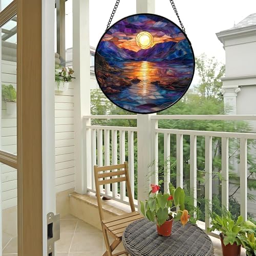 Stained Glass Window Hanging - Blue Purple Lake View Suncatcher for Door Terrace Garden Home Decor Sunset Landscape Sun Catcher Birthday Gifts for Lovers Women Men Dad Mom Nana 9.8 in - Image 6