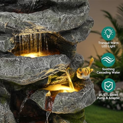 31.5" Multi-Tier Rock Outdoor Water Fountain with LED Lights, Cascading Waterfall with Birds for Garden Patio Porch, Weather-Resistant Resin Water Feature for Tranquil Oasis - Image 4