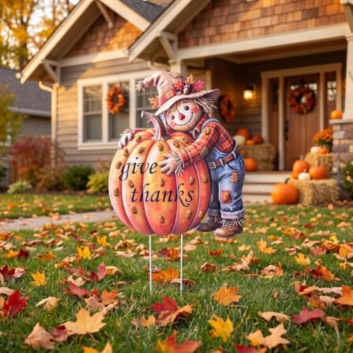 Metal Thanksgiving Garden Stake, Fall Harvest Scarecrow with Pumpkin Yard Sign, Give Thanks Outdoor Lawn Patio Decor, (21.4 * 13 * 0.6in) - Image 2