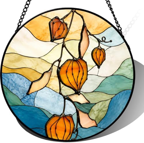 Stained Glass Suncatcher Orange Lantern Flower Window Hanging Art Glass Home Decor Gift for Mom Grandma Wife Boho Wall Ornament for Garden Patio Window Decor 9.8 Inch by Unknown