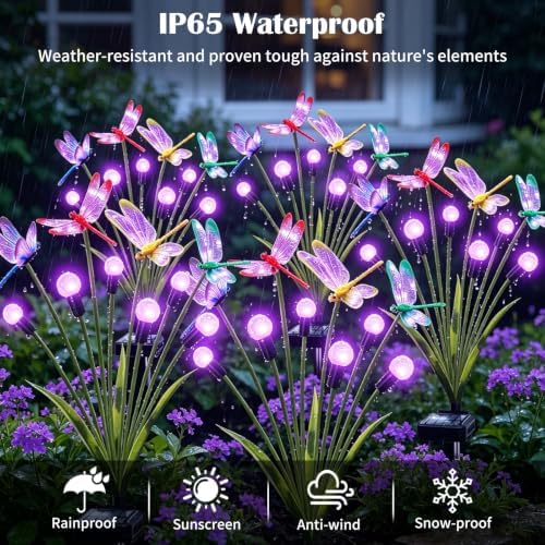 VOOKRY Dragonfly Solar Garden Lights Outdoor (8 Pack, 48 LEDs), Dragonfly Outdoor Decor with Solar Firefly Lights Waterproof Swaying Light for Yard Patio Pathway Lawn Gardening Gift for Women, Purple - Image 4