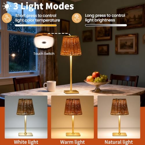Mr.White Outdoor Waterproof Rechargeable Cordless Table Lamp with Wicker Shade, Battery Operated Table Light with Touch Control, for Patio Restaurant Kitchen (Gold 2 Pack) - Image 6