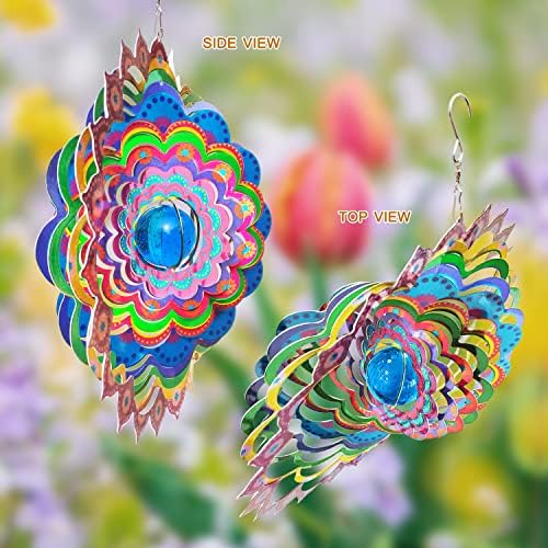 FONMY Mandala Wind Spinner w/Crystal Ball Peacock- 3D Stainless Steel Hanging Spinners Worth Gift Christmas Decoration Indoor/Outdoor Garden Décor Kinetic Yard Art 12 Inches Wind Sculpture - Image 3