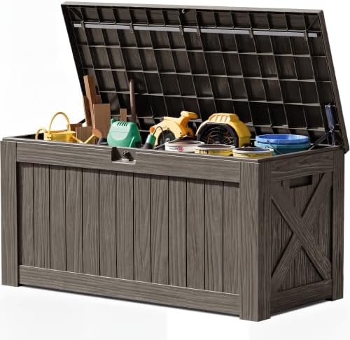 JUMMICO 120 Gallon Resin Deck Box, Large Outdoor Storage Box Waterproof & Lockable for Garden, Patio, Pools (Deep Brown) by JUMMICO