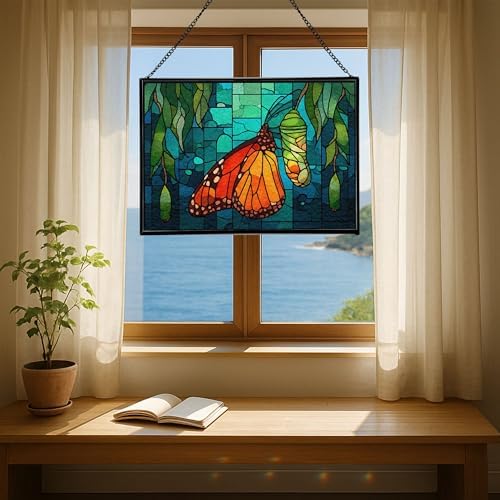 Butterfly Emerging from Chrysalis Rectangular Stained Glass Suncatcher – Hanging Window Panel with Animal & Nature Scene – Vibrant Glass Art Gift for Wildlife, Fantasy, Nature Lovers sx7j5L - Image 6