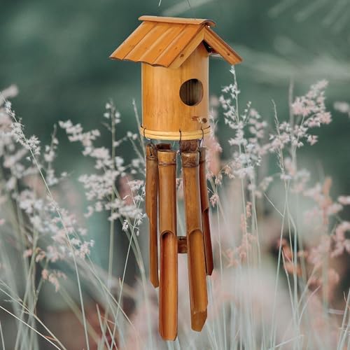Bellaa 20384 Bamboo Wind Chime Bird House Nest Japanese Style Fine Minimalist Wooden Windchimes Handmade Gift 38 Inches - Image 4