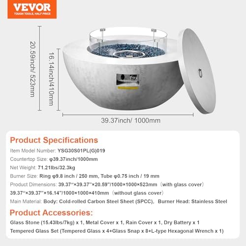 VEVOR Propane Fire Pit, Outdoor Concrete Gas Fire Pit, 39 in Tabletop with Lava Rocks, Lid,Rain Cover,Adjust Flame Height Camping Firepit for Heating, Lighting, 50000 BTU - Image 7