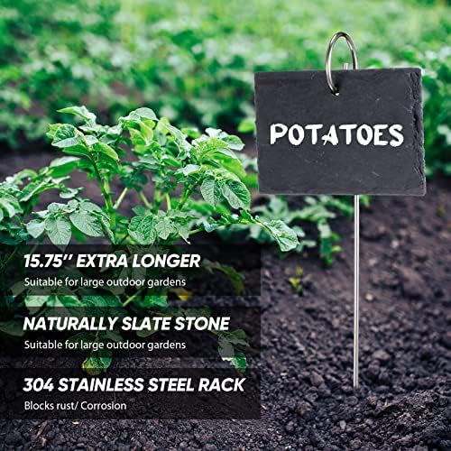 Leifide 24 Sets Plant Labels, Reusable Slate Plant Markers Natural Weatherproof Garden Signs Waterproof Hanging Slate Planter Tags with Metal Stakes and Stone Chalks for Vegetable Flower Pot - Image 3