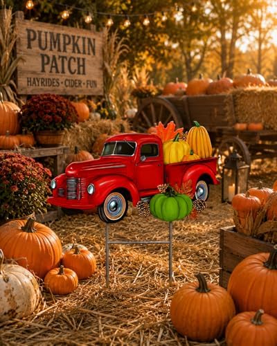 Garden Yard Stake Decor Vintage Truck Metal Colorful Fall Outdoor Decor Entry Front Backyard Home Business 22" x 22" (Red Truck W Fall Pumpkins) - Image 7