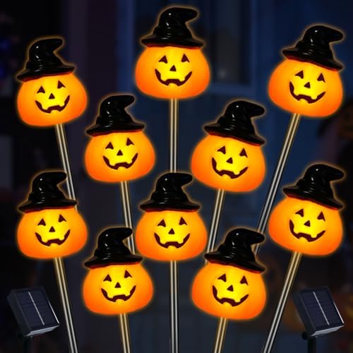 BRIGHTDECK Halloween Pumpkin Stake Lights, Set of 10 Solar Pumpkin Lights, Waterproof Halloween Decorations for Outdoor Garden and Yard (Hat Pumpkin) by BRIGHTDECK