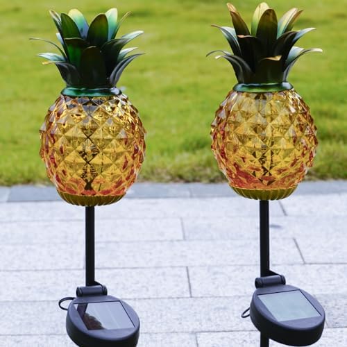 Solar Lanterns Outdoor Waterproof Glass Pineapple Garden Decor, Hanging Solar Stake Lights Yard Art, Outside Patio Decorations Gardening Birthday Gifts for Mom Grandma Women, 2 Pack - Image 6