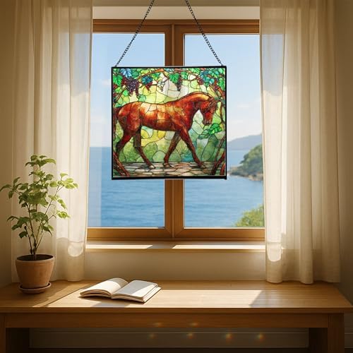 Chestnut Trakehner Horse Walking Beneath Vineyard Canopy Square Suncatcher – Stained Glass Style Window Panel with Pastoral Scene, Custom Decorative Hanging Art for Equestrian Home, Christmas Wq9NnE - Image 6