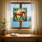Chestnut Trakehner Horse Walking Beneath Vineyard Canopy Square Suncatcher – Stained Glass Style Window Panel with Pastoral Scene, Custom Decorative Hanging Art for Equestrian Home, Christmas Wq9NnE - Image 6