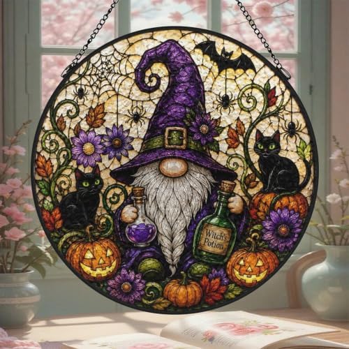 Stained Glass Halloween Gnome Witch Suncatcher, Pumpkin Black Cat Spider Bat Circular Panel, Spooky Fall Season Window Hanging Ornament by Unknown