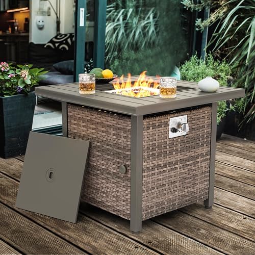 Nuu Garden Propane Fire Pit Table, CSA Certified 30 Inch 50,000 BTU Outdoor Propane Gas Cabinet Square Fire Pit Table, Iron Tabletop, Rattan and Iron Frame, with Lid and Fire Glass Beads, Black by NUUGARDENCORPORATION