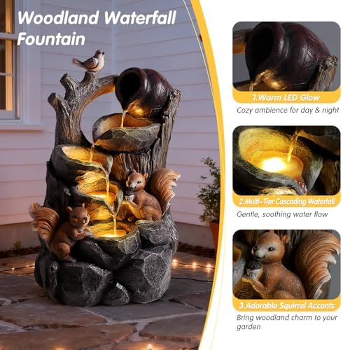 Wechoice 4-Tiers Cascading Rock Outdoor Water Fountain with LED Lights - Squirrel Outdoor Fountains and Waterfalls for Garden, Patio, Yard Deck Decor, Featuring Natural Stone Look, 30.1" Tall - Image 3