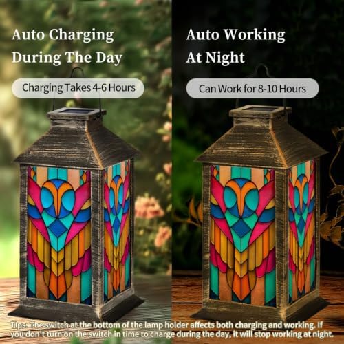 Solar Lantern Vintage Stained Glass Owl Art Outdoor Waterproof Garden Hanging Lantern Solar Powered Lighting Outside Solar Light for Patio Yard Camping, Gifts for Women Mom - Image 4