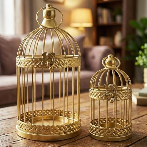 Vela Lanterns Decorative Indoor Bird Cage Candle Holder Set of 2, Gold by VelaCandleLanterns