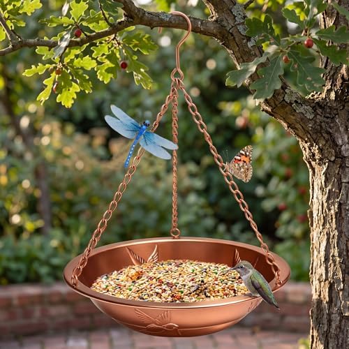 2 Pcs Hanging Bird Bath for Outside, 11.5" Antique Copper Metal Bird Feeder Birdbath Bowl with Rust-Proof Chains Simulated Dragonfly for Outdoor Garden Backyard Patio Yard Decor - Image 5