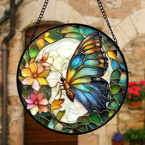 Green Butterfly Flower Stained Glass Window Hanging Suncatcher Gifts 15" - Image 3