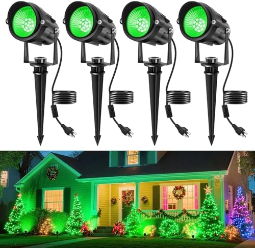 Halloween Green Landscape Lights Outdoor, 14 LED Landscape Lighting with US Plug, IP65 Waterproof Spotlights for Tree Yard Garden Pathway St. Patrick's Day Christmas Decor 4 Pack by CREPOW