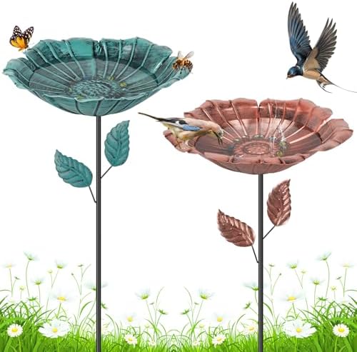2Pcs Bee Watering Station for Outside,30.7" Metal Flower Bee Bath with Glass Stones,Colorful Butterfly Puddler & Small Bird Feeder with Ground Stake,Decorative Waterer for Garden,Yard,Patio (# B) by FALESOUL