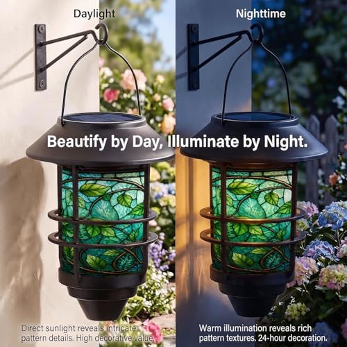 Solar Lanterns Outdoor Hanging Lights Stained Glass Leaves Glass Wall Lantern 2 Pack, Waterproof Decorative Solar Sconce with Wall Mount Kit for Garden Porch Fence Chicken Coop Summer Decor - Image 2