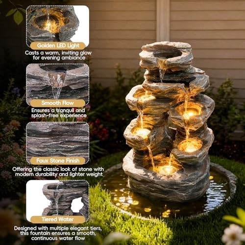 7-Tier Cascading Outdoor Fountain with LED Lights, 23.6" H Rock Water Fountain, Fountains and Waterfalls with Stone-Look for Garden, Patio, Yard Decor - Image 5