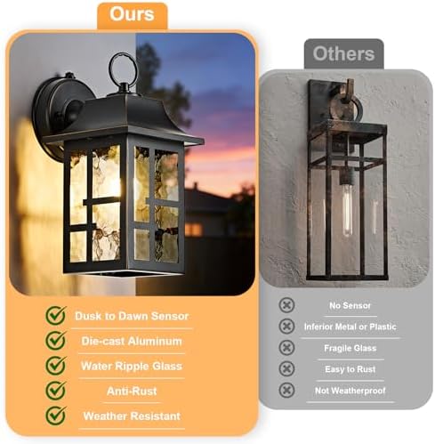 OKELI 2-Pack Dusk to Dawn Exterior Lighting Fixture, Farmhouse Outdoor Wall Lights with Ripple Glass, Aluminum Porch Light Wall Mount, Anti-Rust Outside Wall Sconce for House, Garage(Black&Gold-Trim) - Image 4