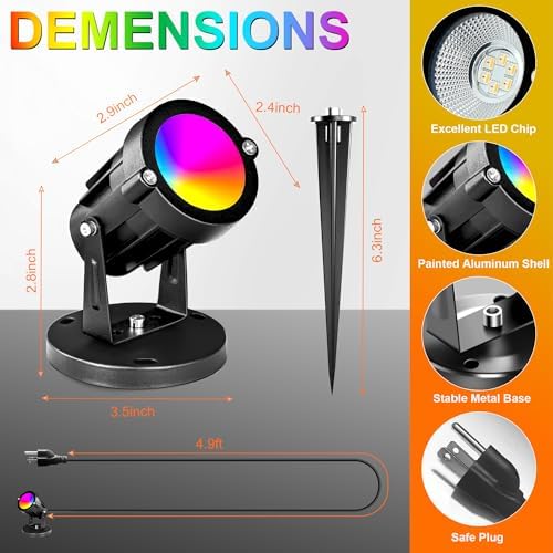 RGBW 8W LED Spotlight with Remote, 16 Color Changing Landscape Lighting for Outdoor Indoor, 120V Plug-in & 6FT Cord, Spotlight Flag Light for Garden Tree (2) - Image 3