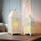 TRIROCKS Large Decorative Candle Lantern Set-16.5''&12'' High Metal Temple Moroccan Lantern Lamp for Home Decorations Living Rooms Gardens Parties Wedding Indoors and Outdoors - White with Gold Brush - Image 4