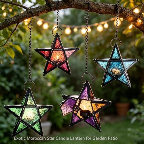 Moroccan Star Lantern,Metal Moroccan Star Lanterns Hanging,Vintage Five Point Star Hanging Candle Lantern, Embossed Stained Glass Iron Windproof Tealight Holder (Yellow) - Image 6
