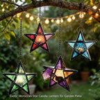 Moroccan Star Lantern,Metal Moroccan Star Lanterns Hanging,Vintage Five Point Star Hanging Candle Lantern, Embossed Stained Glass Iron Windproof Tealight Holder (Blue) - Image 6