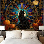 Halloween Black Cat Tapestry, Pumpkin Stained Glass Fall Decor 70x90inch - Image 4