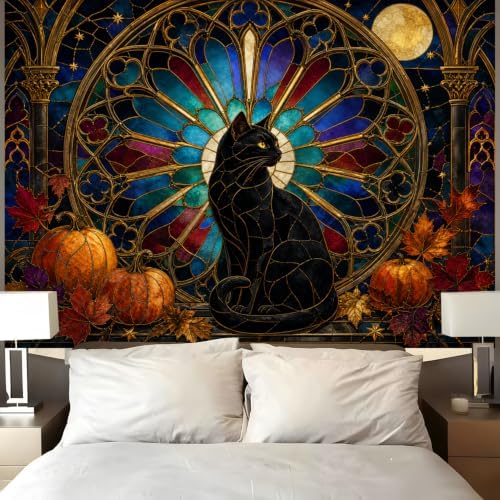 Halloween Black Cat Tapestry, Pumpkin Stained Glass Fall Decor 70x90inch - Image 4
