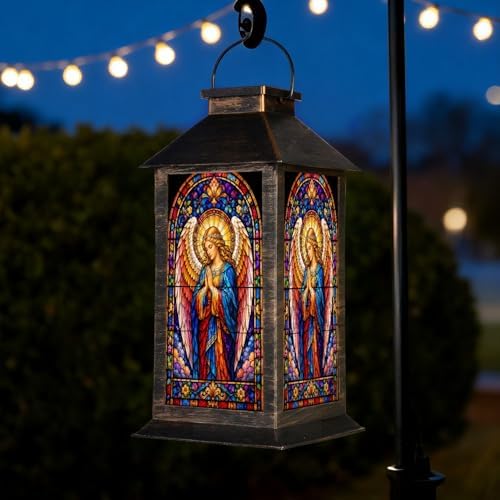 Solar Lantern Vibrant Stained Glass Art Praying Angel Garden Hanging Lantern Waterproof Solar Powered Lighting Outdoor Table Lamp for Patio Yard Memorial Gifts Grave Decorations for Cemetery - Image 6