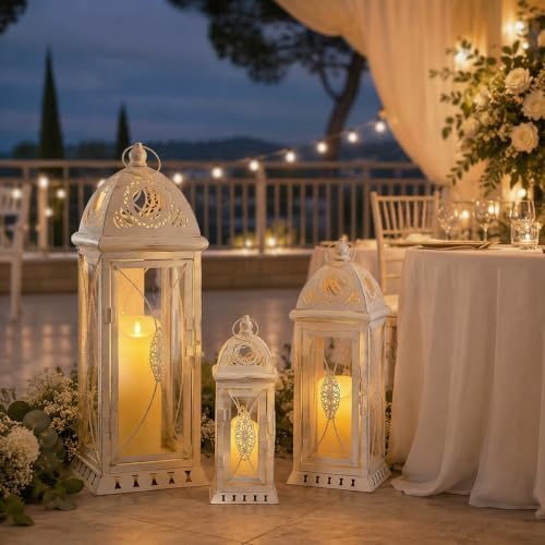 TRIROCKS Set of 3 Large Decorative Candle Lanterns 22''&16"&11" H Vintage Candle Holders for Garden Yard Patio Wedding Parties Events Christmas Indoors Outdoors(Beige with Gold Brush) - Image 4
