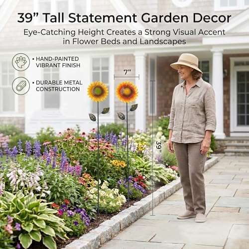 Topadorn Metal Sunflower Garden Stakes, 2 Pack 39" Fall Outdoor Decor - Image 2