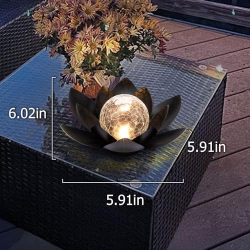 Huaxu Solar Lights Outdoor Garden Decor Metal Black Lotus Decoration, Crackle Globe Glass Waterproof LED Outside Table Lamp for Patio,Lawn, Yard,Walkway,Tabletop,Ground Gifts for Mom - Image 5